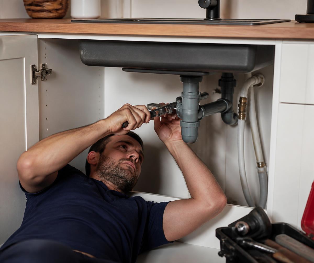 Plumber repairing pipework under a kitchen sink at a Hamilton home