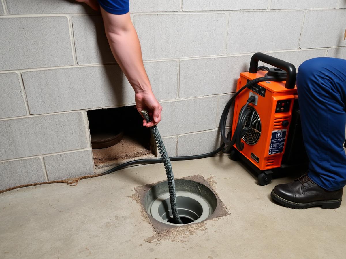 Drain cleaning machine and cable being fed into a basement floor drain
