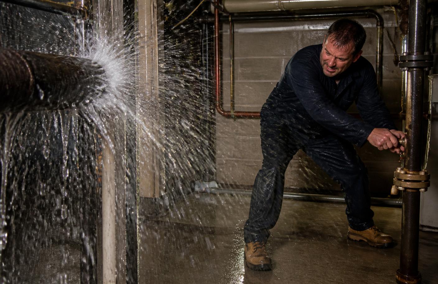 Plumber closing a shut-off valve beside a burst water pipe in a Hamilton basement