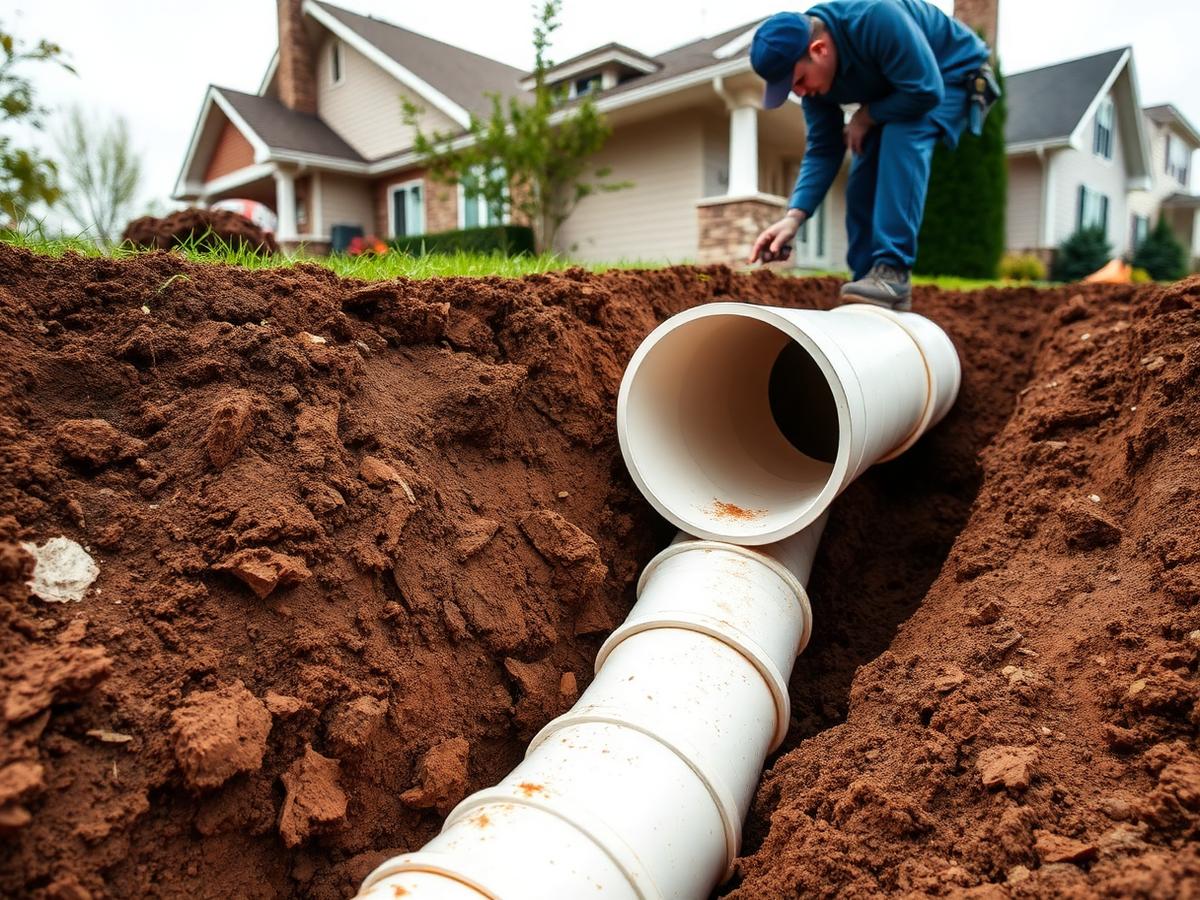 Exposed sewer pipe in a trench beside a residential home during sewer repair