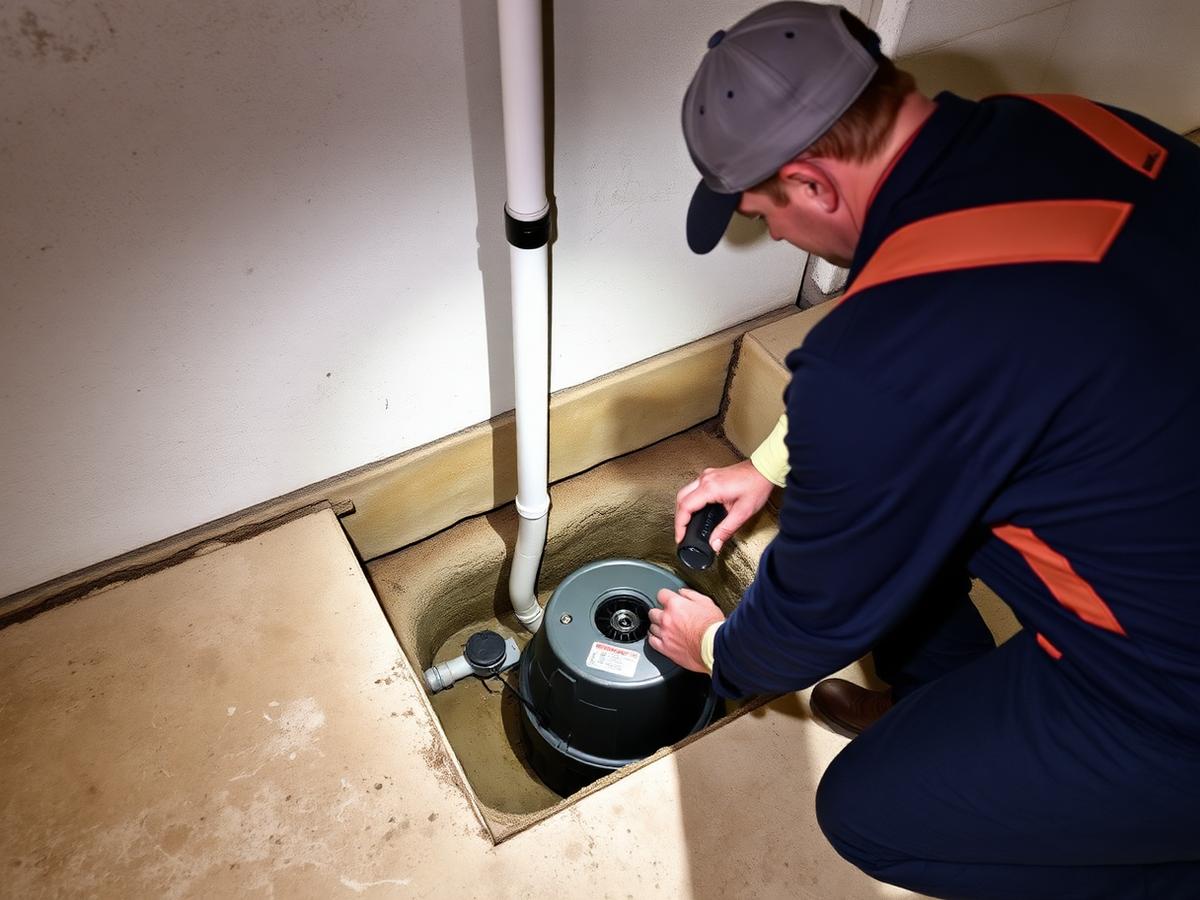 Plumber inspecting a sump pump basin in a concrete basement