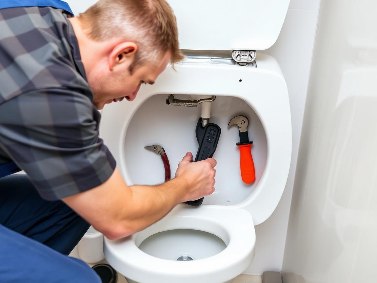 Plumber repairing the internal components of a toilet tank