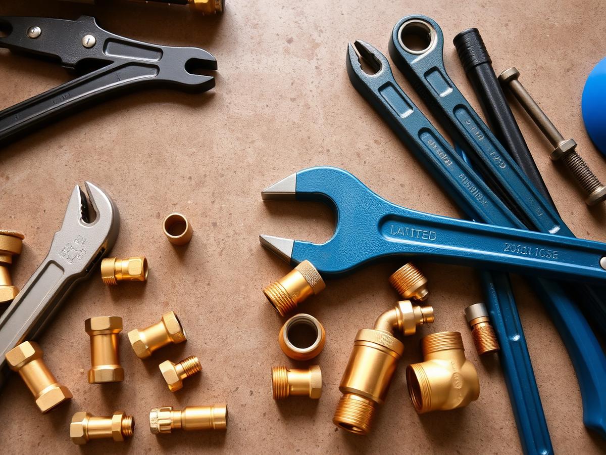 Plumbing tools and brass fittings laid out on a workbench